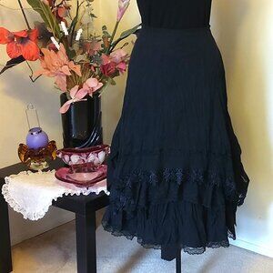 NWT Women Black 3-Layers of Tiered Ruffle Lace Design Midi Skirt L 12